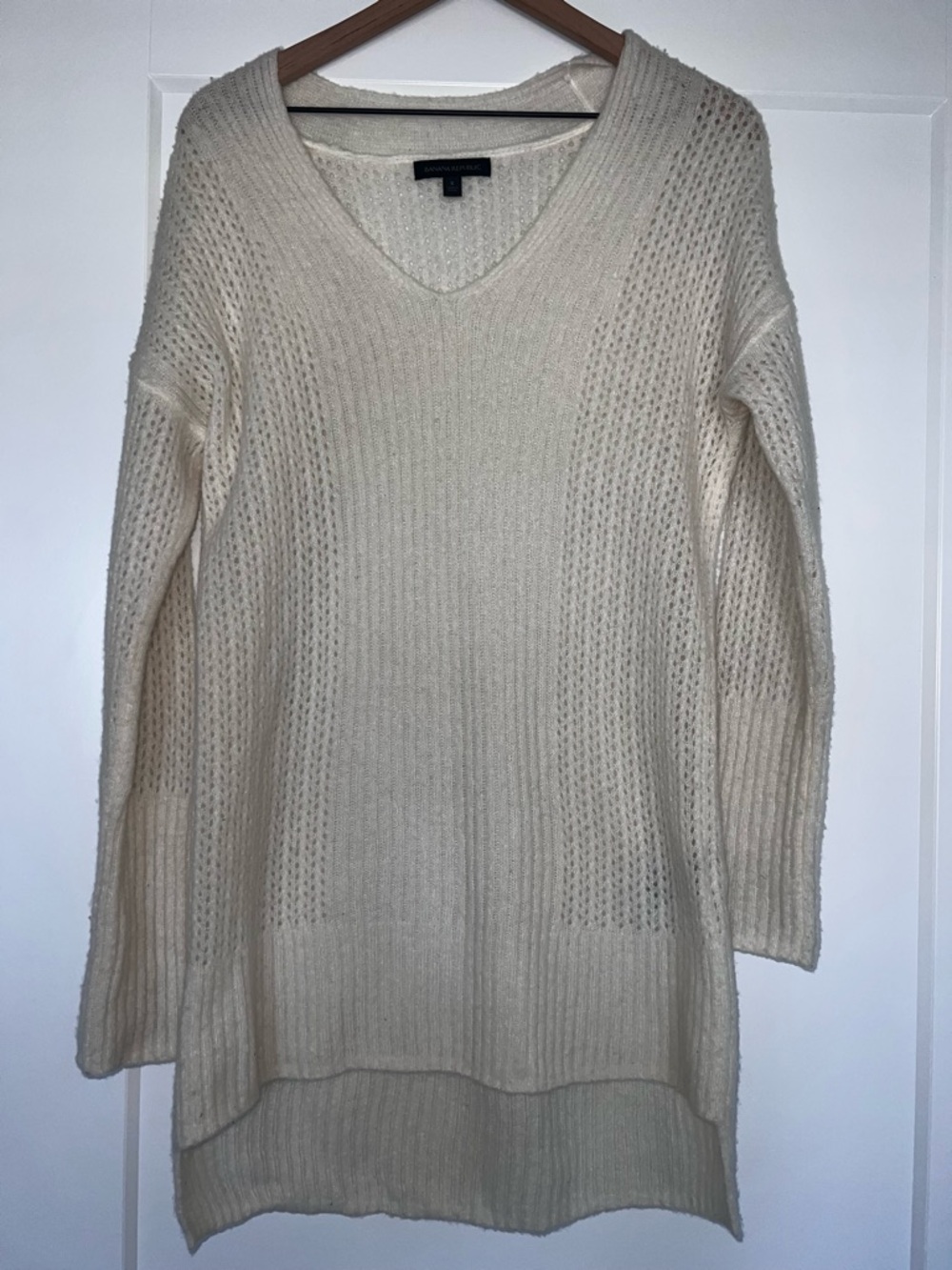 BANANA REPUBLIC fine merino wool blend open weave cream tunic sweater size small